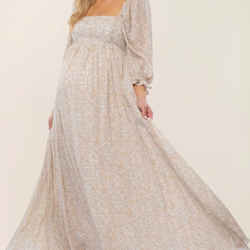 Floral Square-Neck Maternity Maxi Dress in Beige